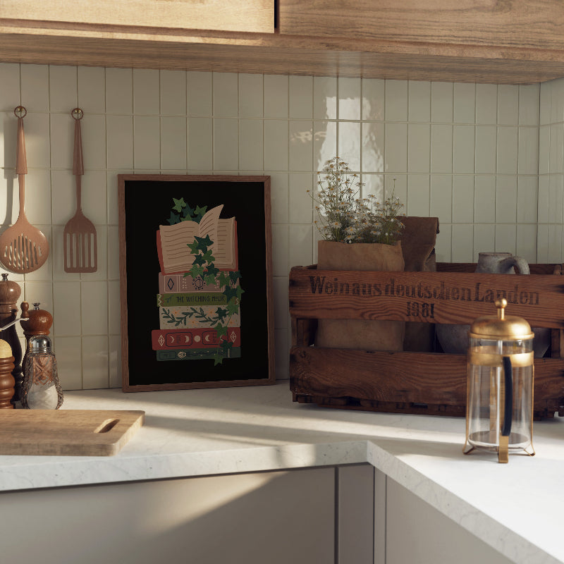Kitchen interior with wooden utensils, a framed picture, and a wooden crate.