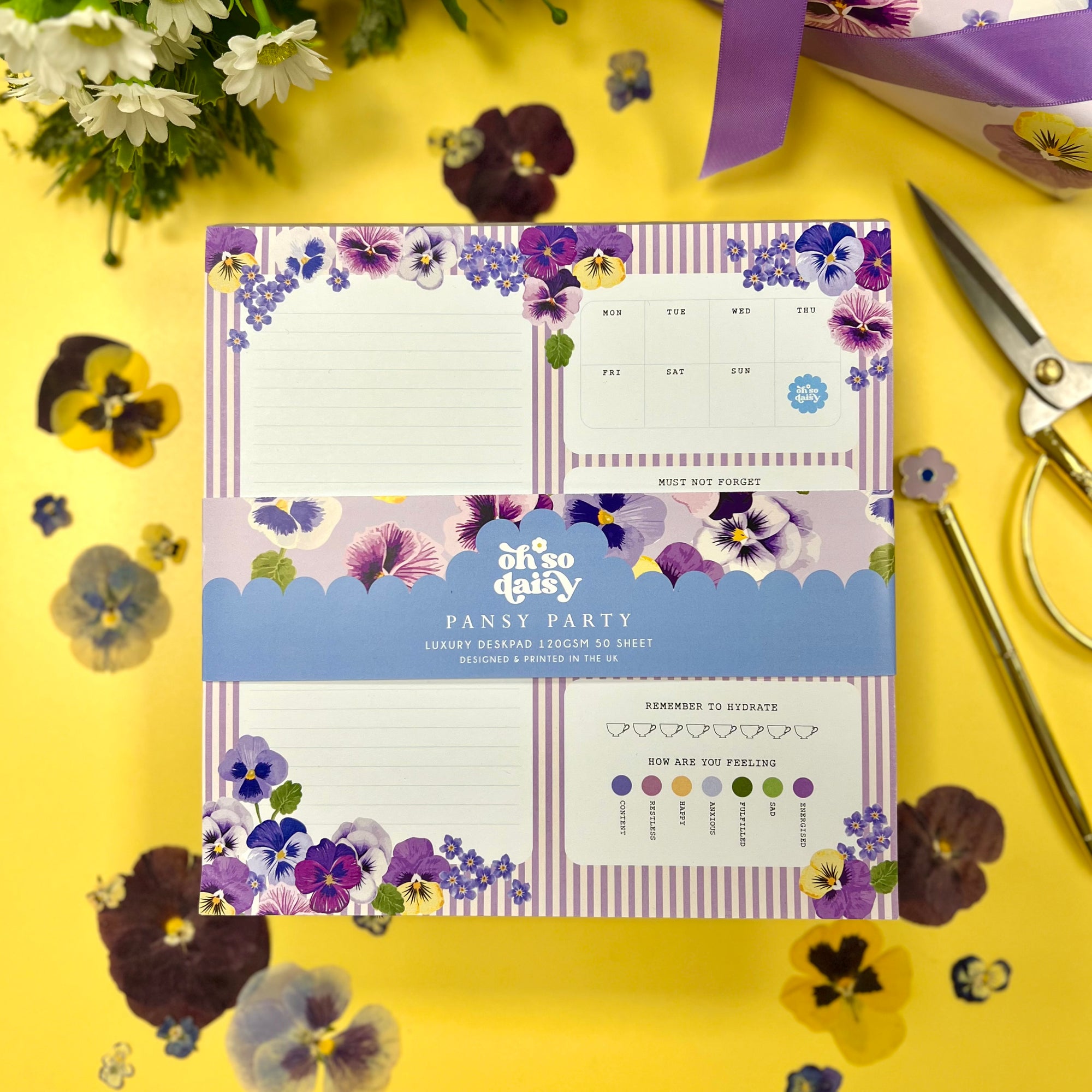 Pansy party desk pad for weekly and daily note taking set in a colourful office stationery 