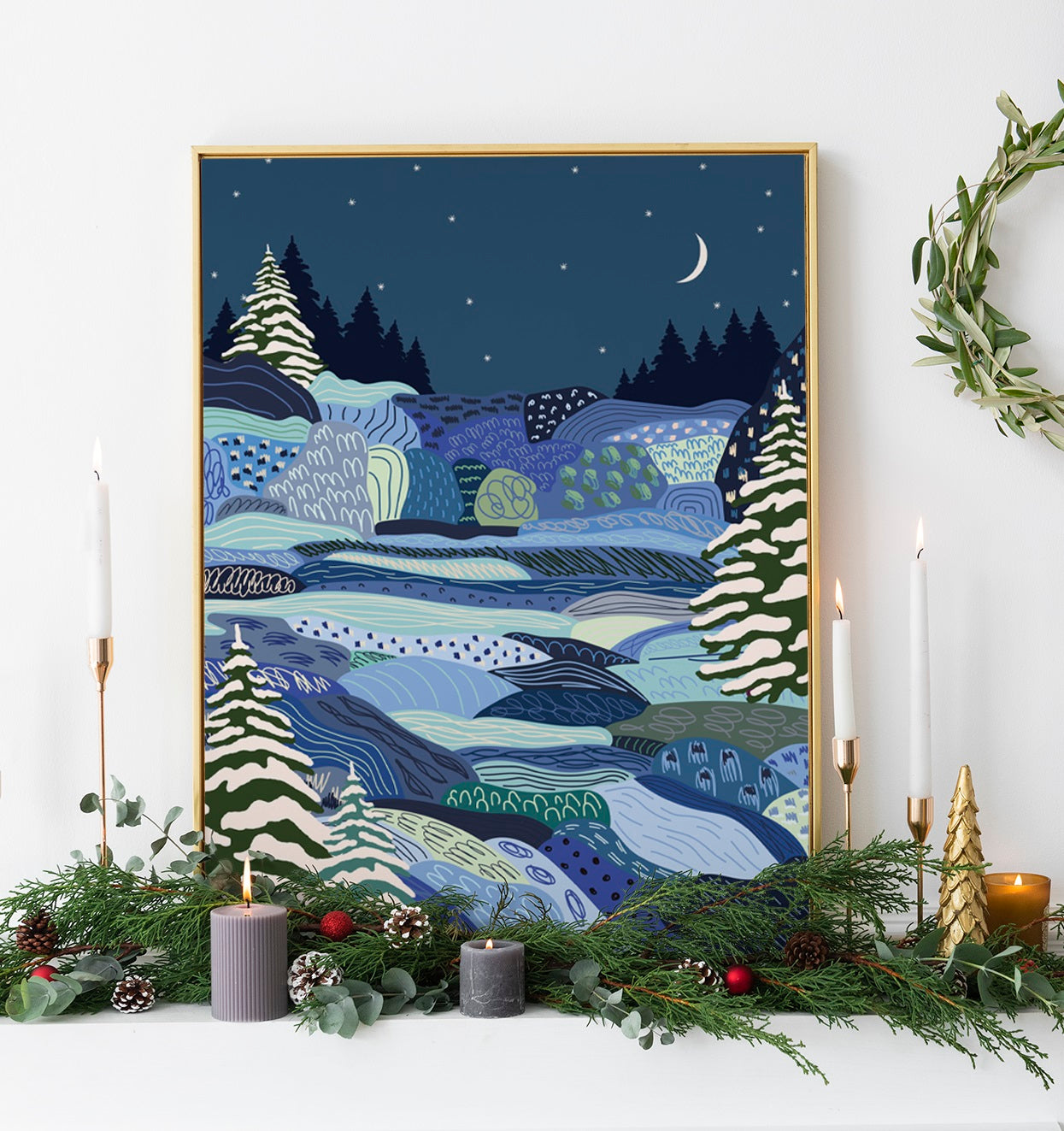 STARRY NIGHT CELESTIAL WINTER SCENE PRINT