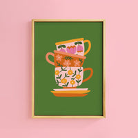 RETRO TEA CUPS GREEN PRINT