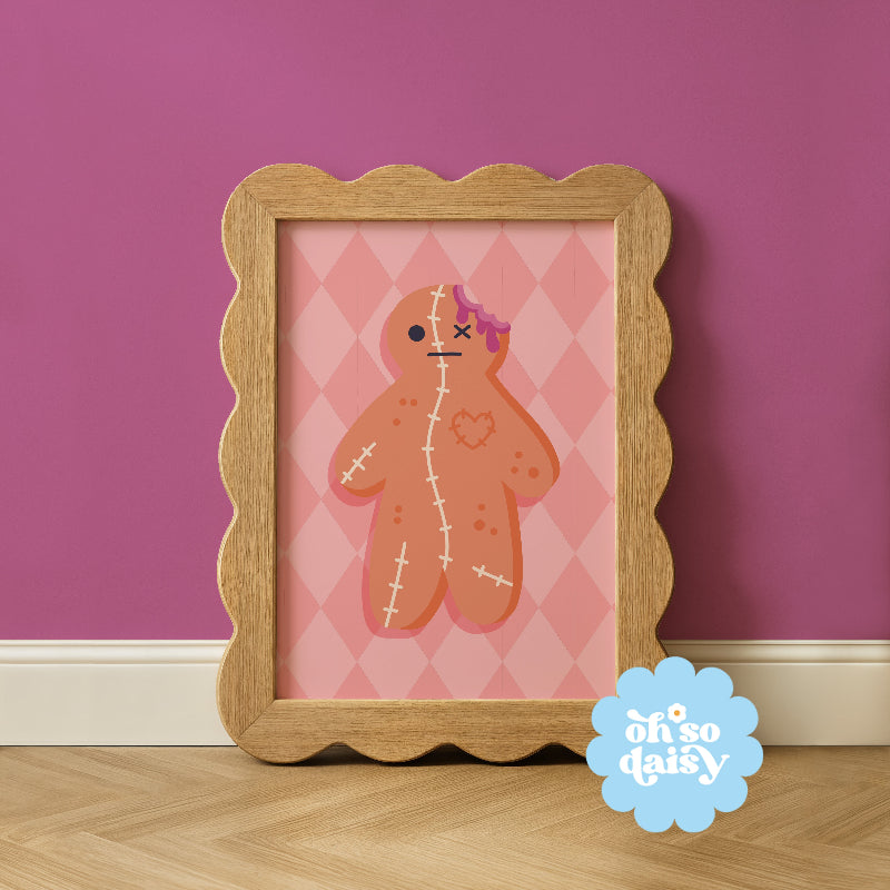 zombie cookie artwork poster in a beech wiggle frame set on a deep pink painted wall