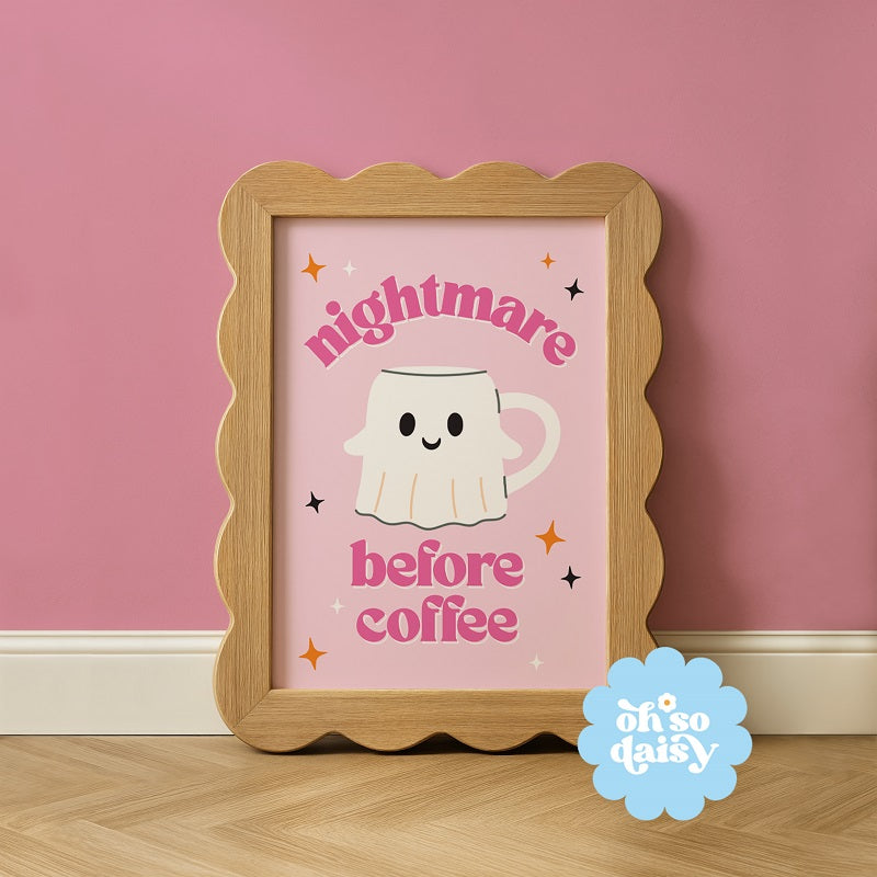 Framed artwork with 'nightmare before coffee' text and cartoon ghost mug on pink background