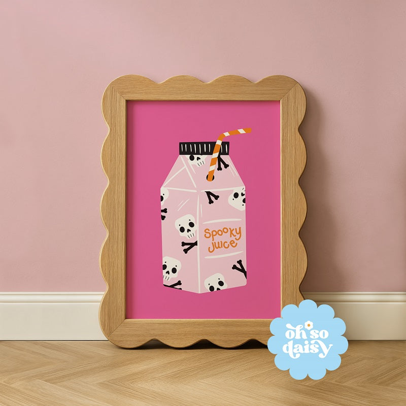 Framed artwork of a milk carton with panda design on a pink background, featuring 'oh so daisy' logo.