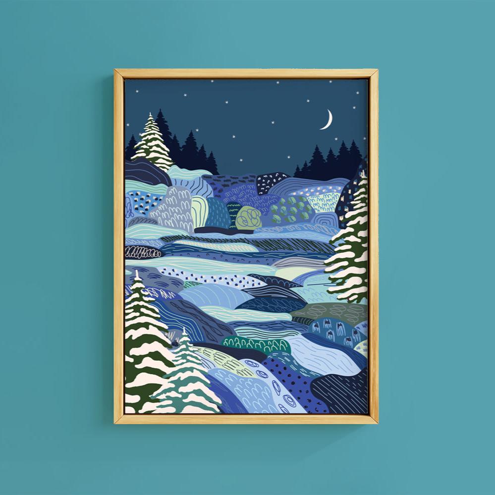 STARRY NIGHT CELESTIAL WINTER SCENE PRINT