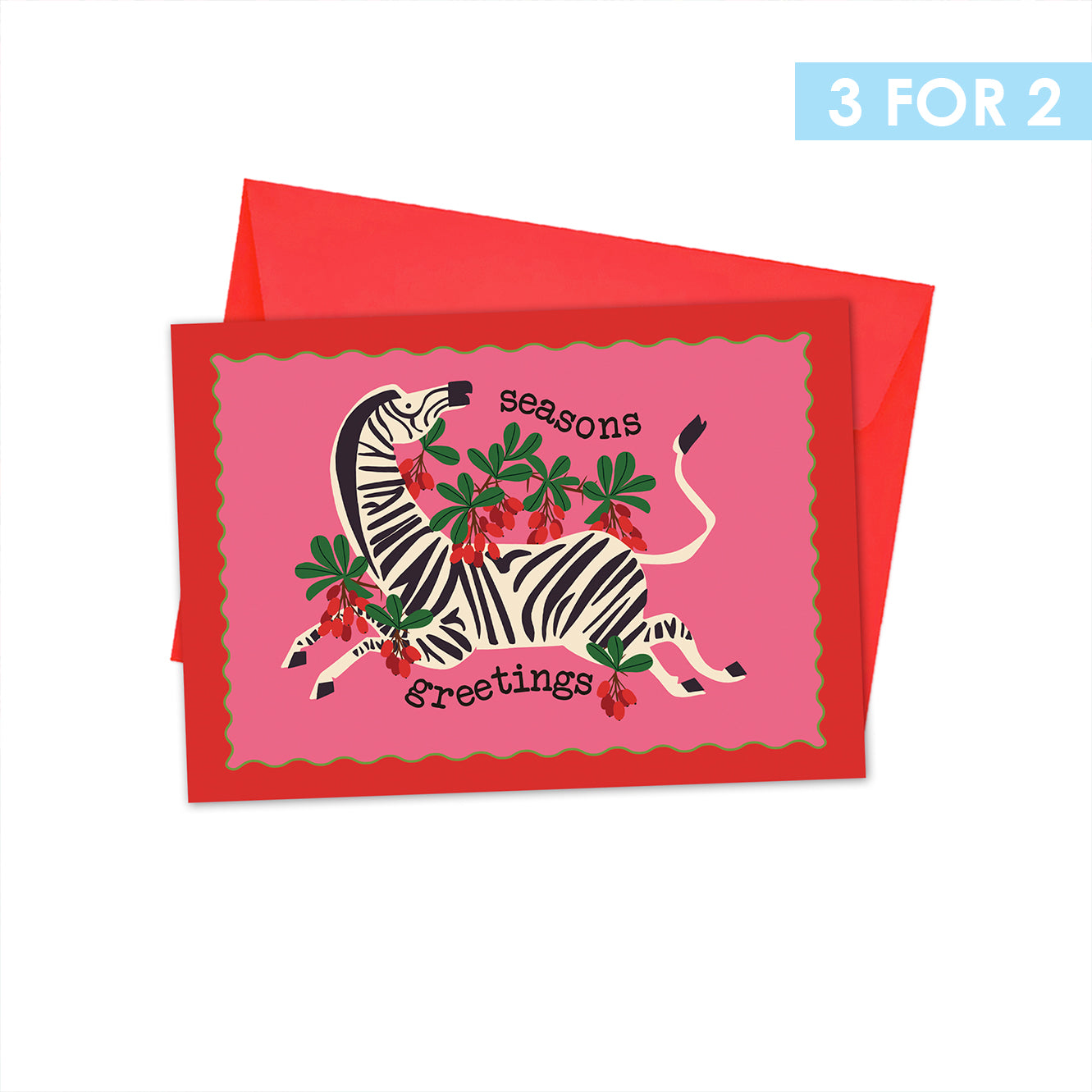 SEASONS GREETINGS BERRY ZEBRA CHRISTMAS CARD