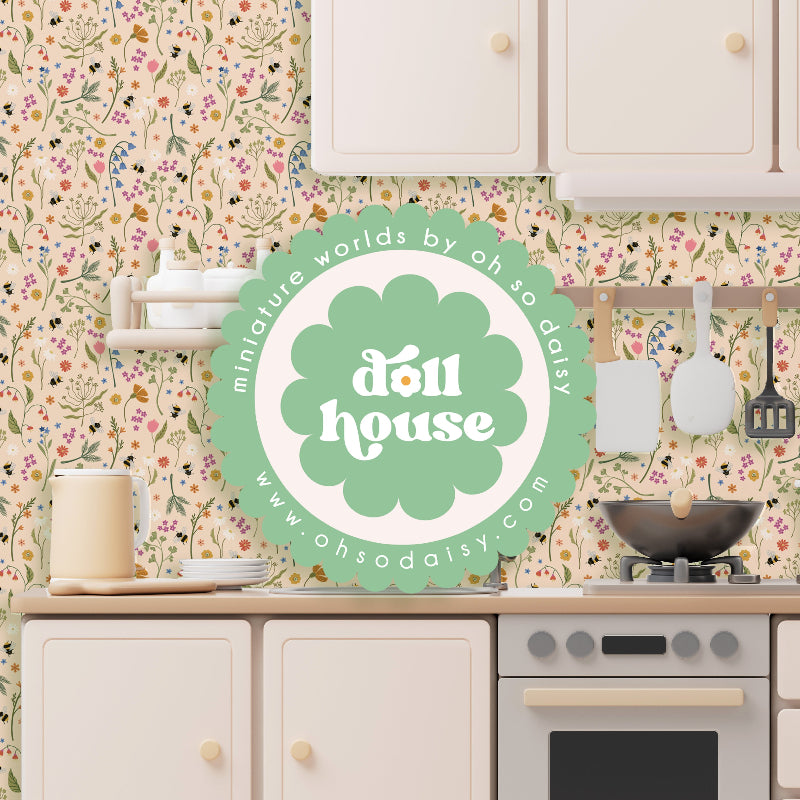Doll house kitchen with floral wallpaper and 'doll house' branding Oh So Daisy miniature doll house wallpaper of bumblebee meadow