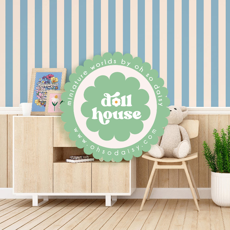 Room interior with 'doll house' sign and striped wallpaper