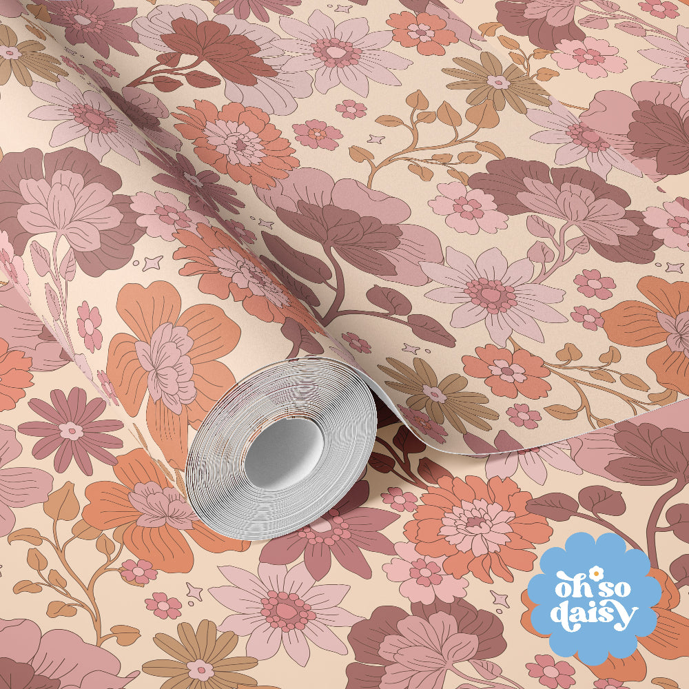 Florarium wallpaper in Saffron showcasing a warm retro-inspired floral pattern in earthy pinks and browns within a cosy kitchen setting