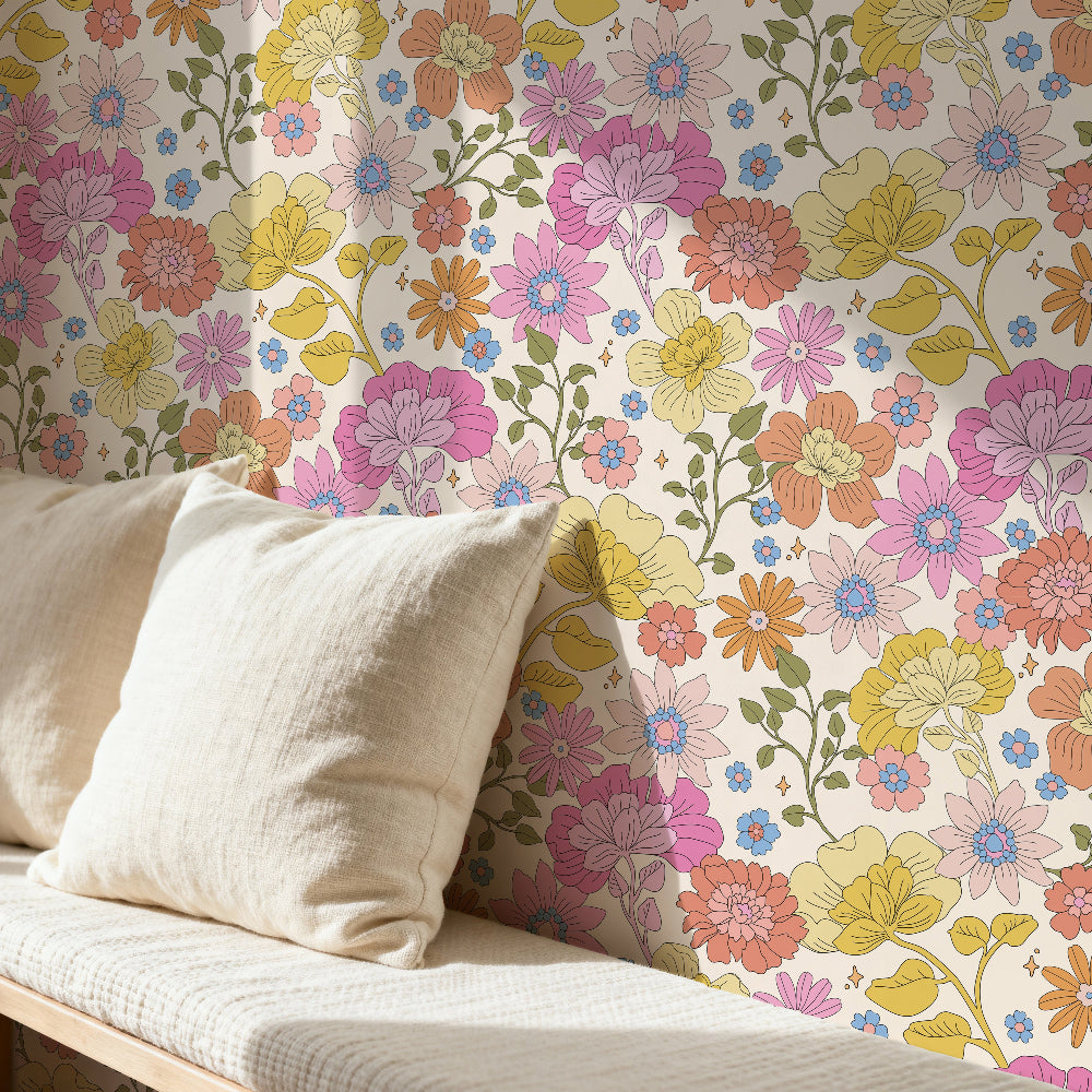 Florarium wallpaper in Vintage Cream featuring a colourful whimsical floral pattern with pink, yellow and coral blooms on a soft cream background