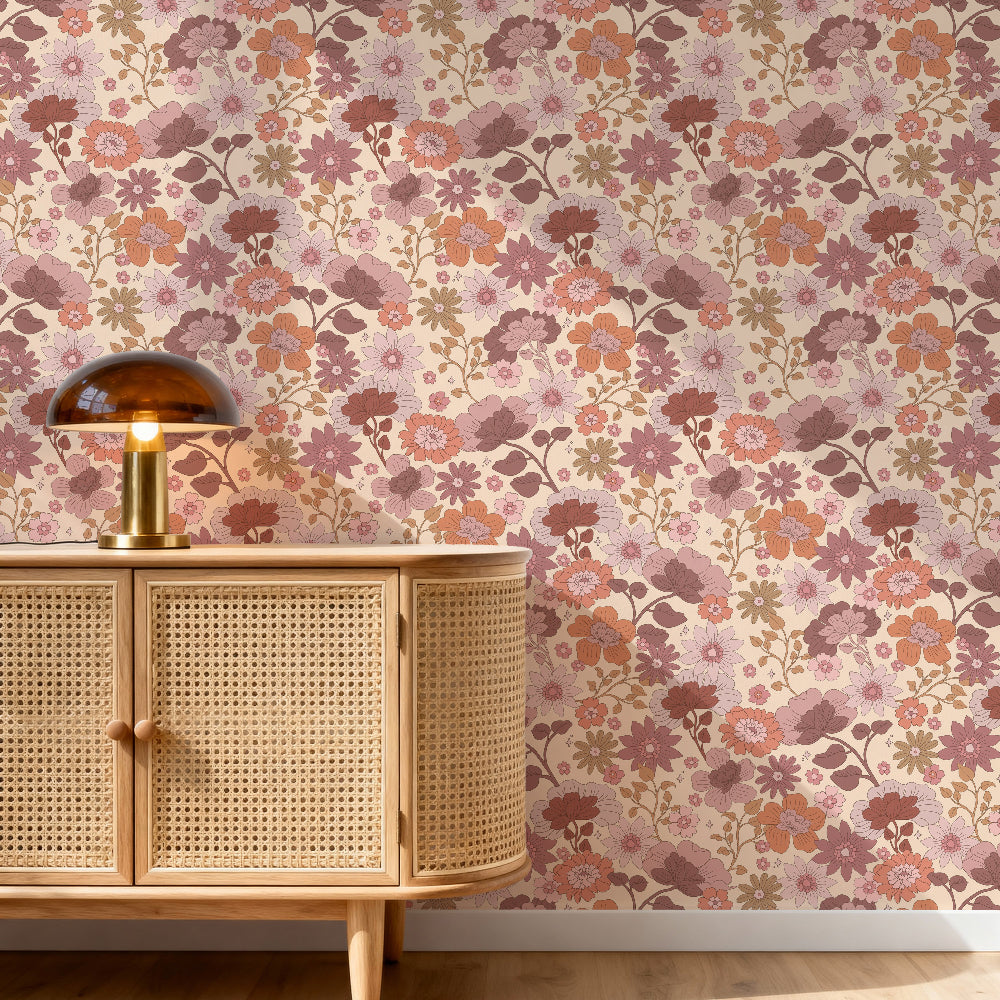 Florarium wallpaper in Saffron showcasing a warm retro-inspired floral pattern in earthy pinks and browns within a cosy kitchen setting