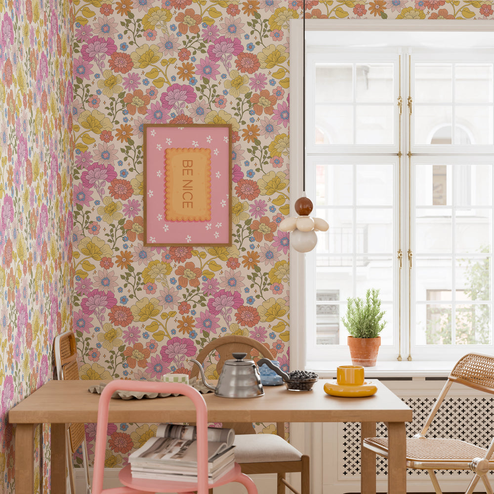 Florarium wallpaper in Vintage Cream featuring a colourful whimsical floral pattern with pink, yellow and coral blooms on a soft cream background