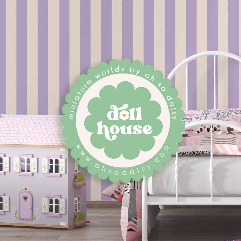 Dollhouse and bed with 'oh so daisy' branding against a striped wall.