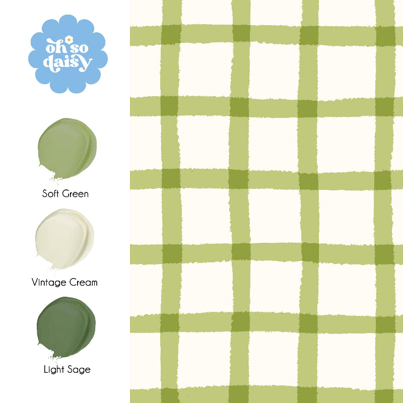 Wallpaper sample sheet showing full pattern repeat — Cottage Gingham soft moss green