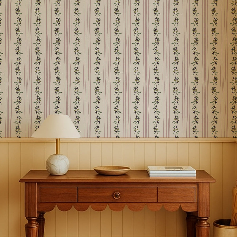 Olive Grove hand painted olive stripe wallpaper by oh so daisy in a soft feminine hallway