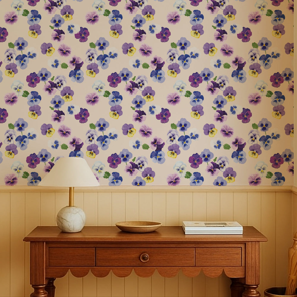 Pansy Party Vintage Cream Wallpaper in a yellow entry way interior