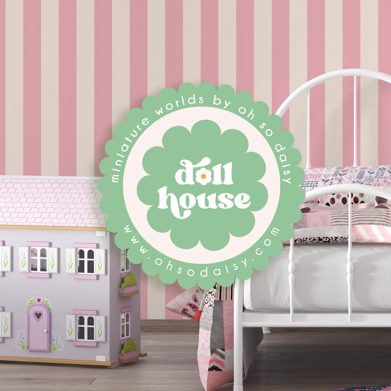 Children's room with a dollhouse and bed, featuring 'doll house' branding.