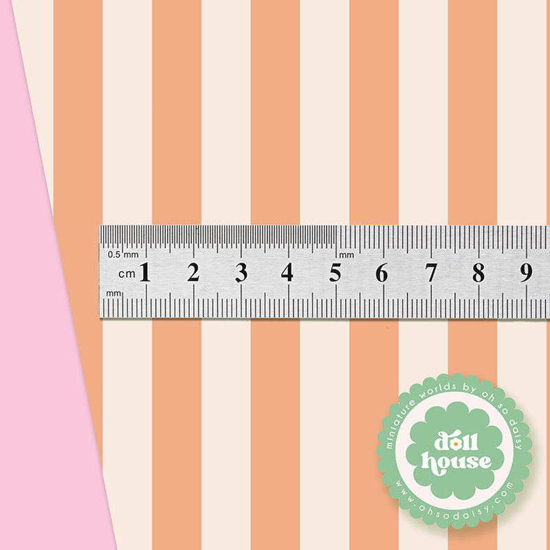 Striped doll house 1/12 scale wallpaper with a ruler for scale and 'doll house' logo in the corner