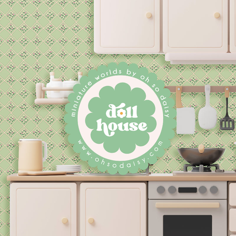 Decorative sign with 'doll house' design in a doll house kitchen setting with 1/12 scale doll house wallpaper by Oh So Daisy