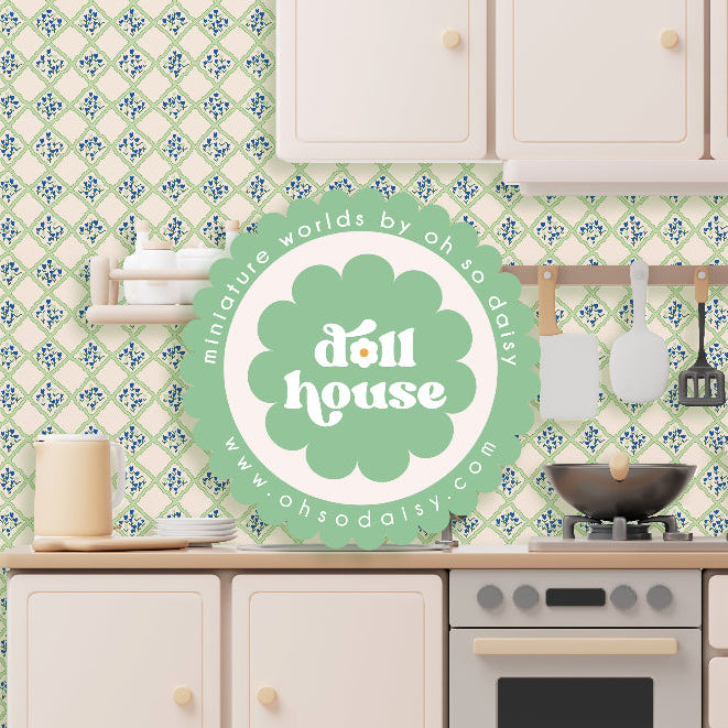 Kitchen with decorative wallpaper and 'doll house' sign