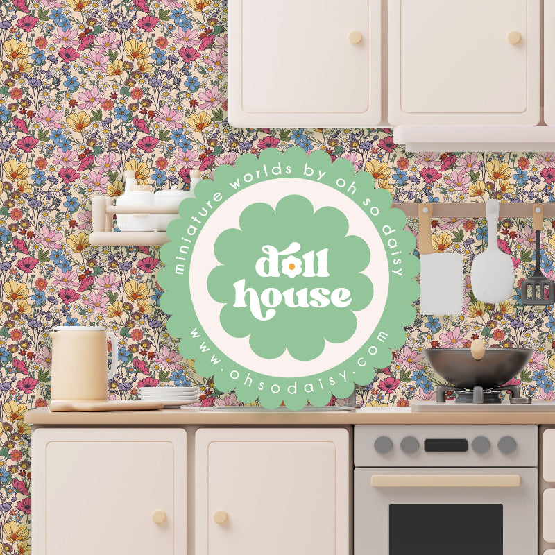 Doll house kitchen with floral 1/12 scale doll house wallpaper and 'doll house' branding in Oh So Daisy bestselling wallpaper 'She's A Wildflower' in collaboration with Lust Home
