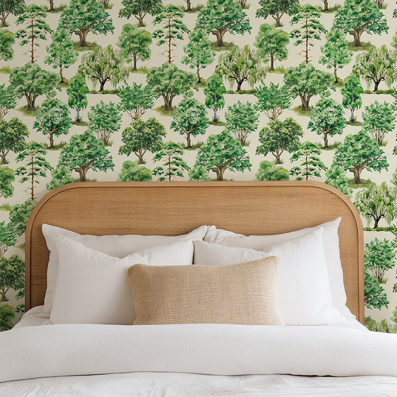 Woodland Grove Forest Wallpaper in a serene calm bedroom setting with a natural boho feel