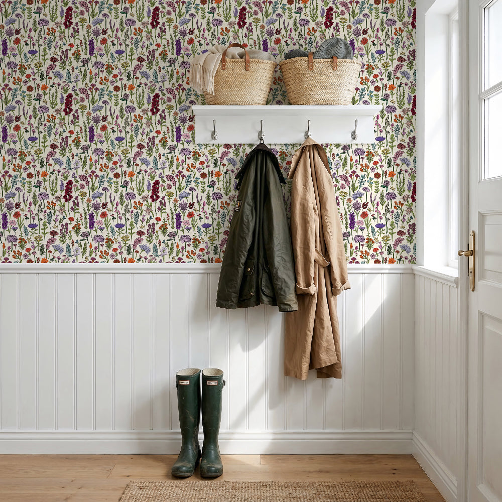vintage floral hand drawn wallpaper wildflowers in a welcoming hallway interior