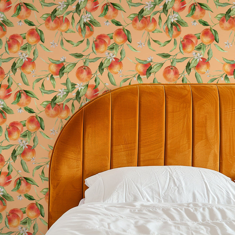Giardina d’Amalfi Orange Blossom Peach Wallpaper in a warm cosy boho bedroom