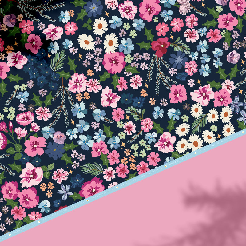 Floral pattern with pink and blue flowers on a dark blue background