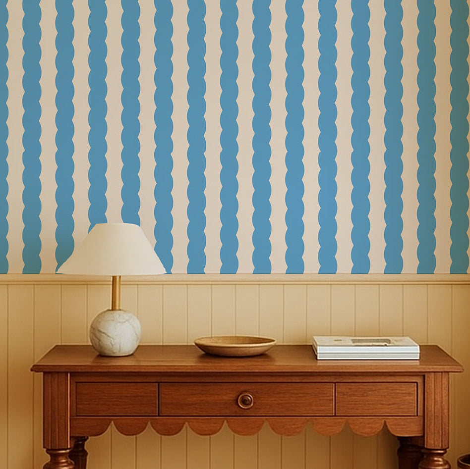 Soft Serve Bloom Moon Wiggle Stripe Wallpaper styled in a country hallway with scallop console table