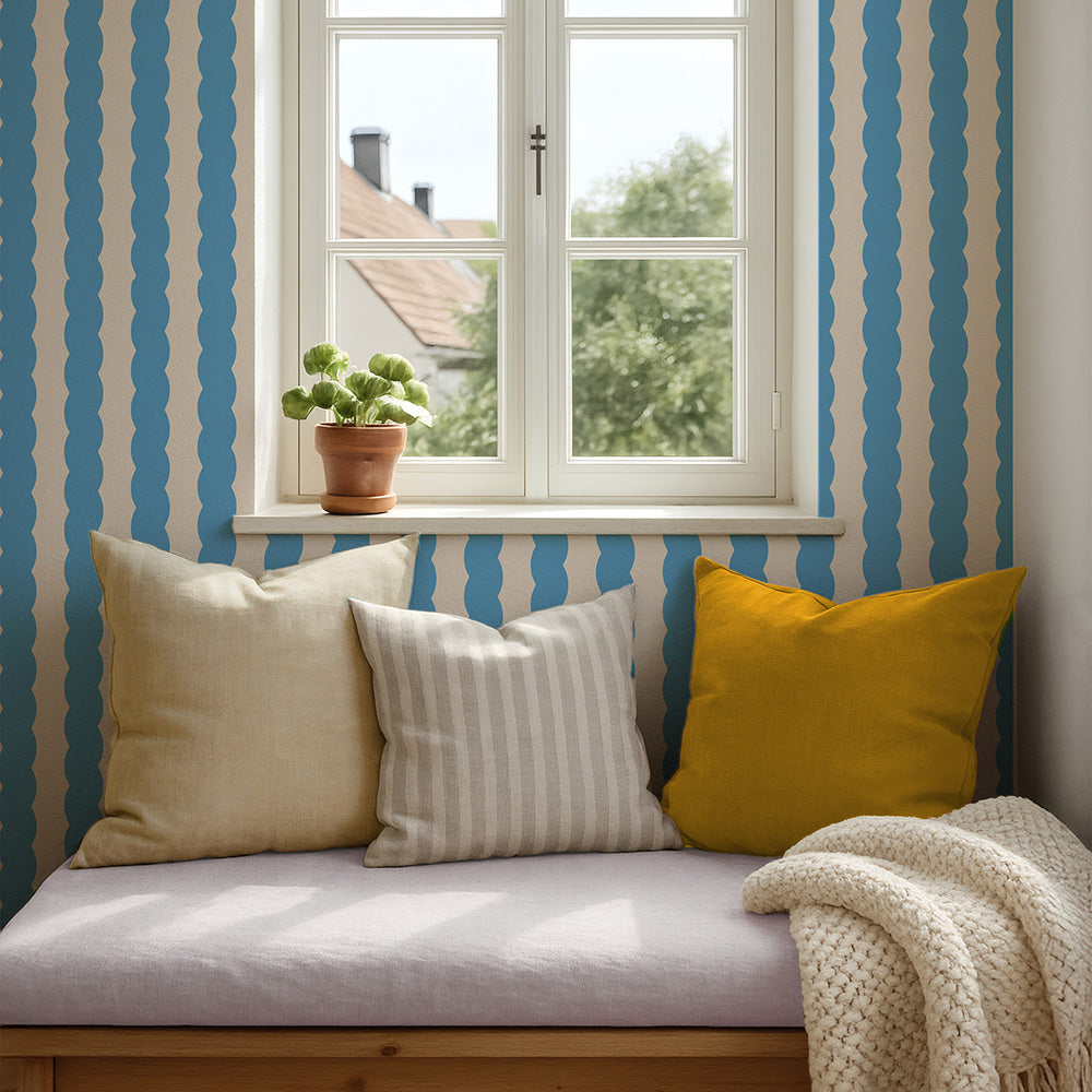 Soft Serve Bloom Moon Wiggle Stripe Wallpaper styled on a country interior window seat