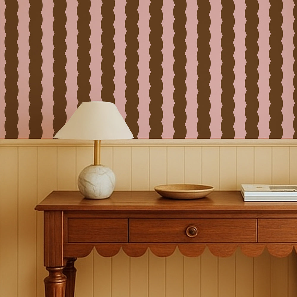close up of Soft Serve Chocolate Brown Wiggle Stripe Wallpaper styled in a mid century hallway