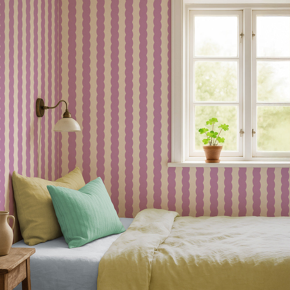 Soft Serve Ube Lilac Wiggle Stripe Wallpaper styled in a country bedroom with cushions