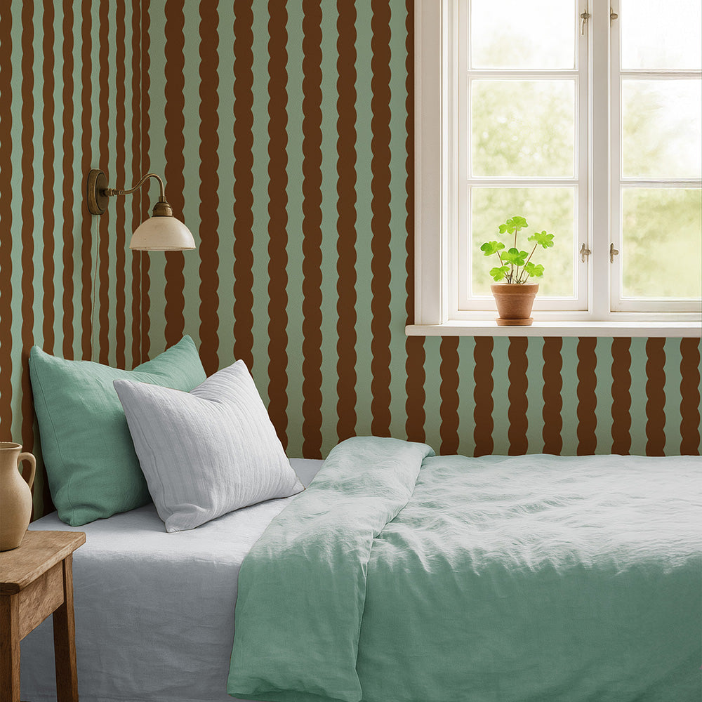 Soft Serve Mint Chocolate Brown Wiggle Stripe Wallpaper styled in a country bedroom