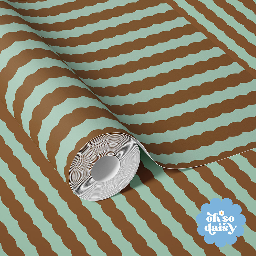 Soft Serve Mint Chocolate Brown Wiggle Stripe Wallpaper close up on a roll
