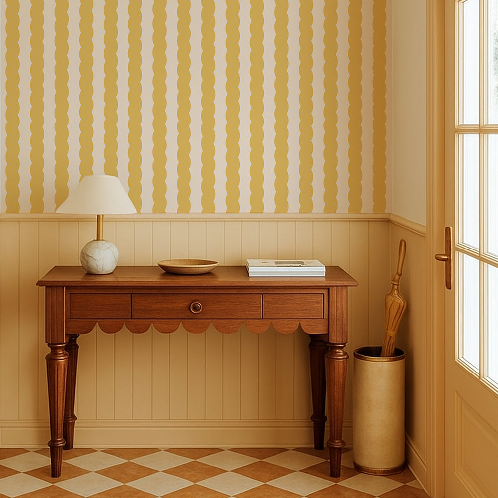 Soft Serve French Vanilla Yellow Wiggle Stripe Wallpaper in a warm retro hallway