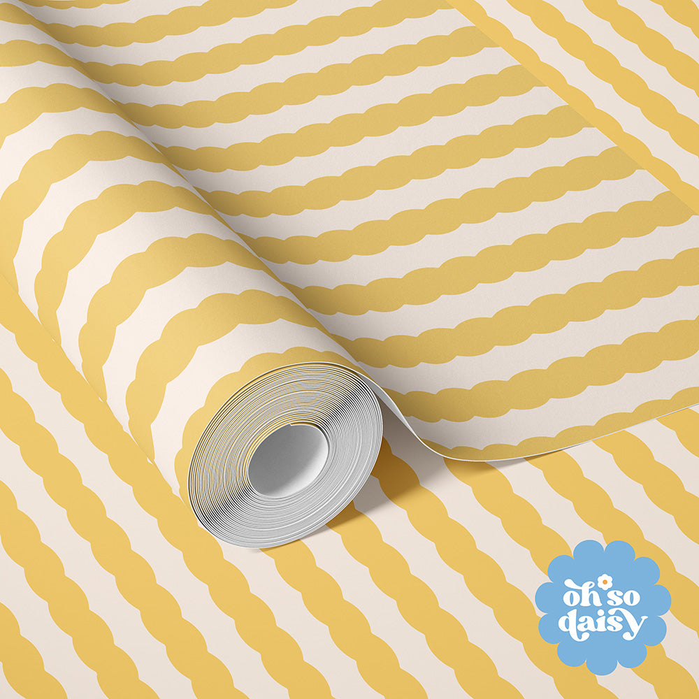 Close up pf Soft Serve French Vanilla Yellow Wiggle Stripe Wallpaper on a wallpaper roll