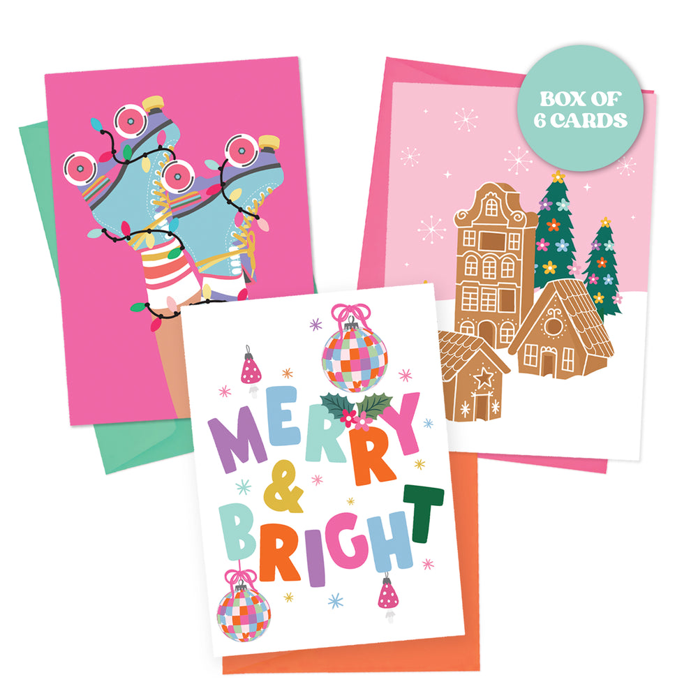 BOX OF 6 MERRY & BRIGHT CHRISTMAS GREETINGS CARDS
