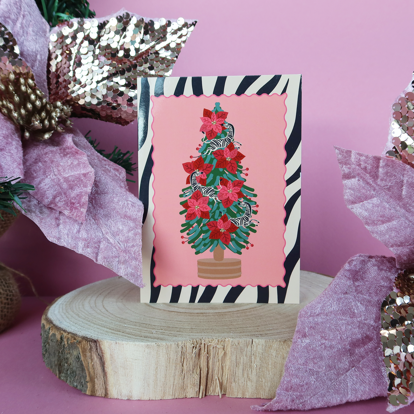 POINSETTIA ZEBRA TREE CHRISTMAS CARD