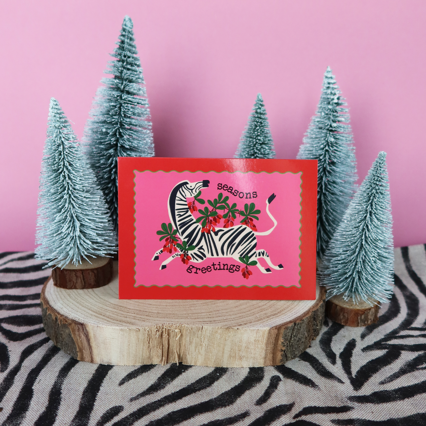 SEASONS GREETINGS BERRY ZEBRA CHRISTMAS CARD