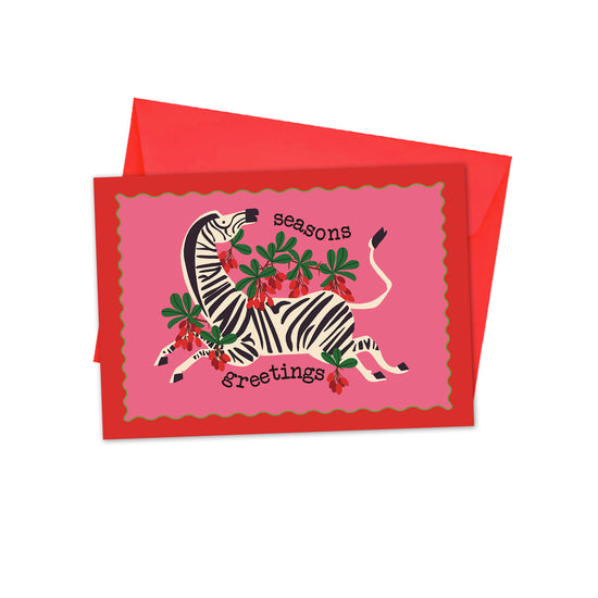 SEASONS GREETINGS BERRY ZEBRA CHRISTMAS CARD